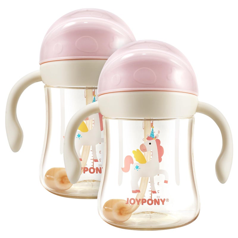 Joypony Sippy Cups for Toddlers 1-3, Spill Proof Weighted Straw Cup with Handle for Baby 6 Months + old, 2 Pack, Total 4 Silicone Straws, PPSU, BPA Free, 9 oz (Pink) - Image 1